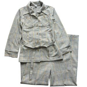 60s 70s Jonathan Sportswear Plaid Two-Piece Leisure Suit Set 15/16 Dagger Collar
